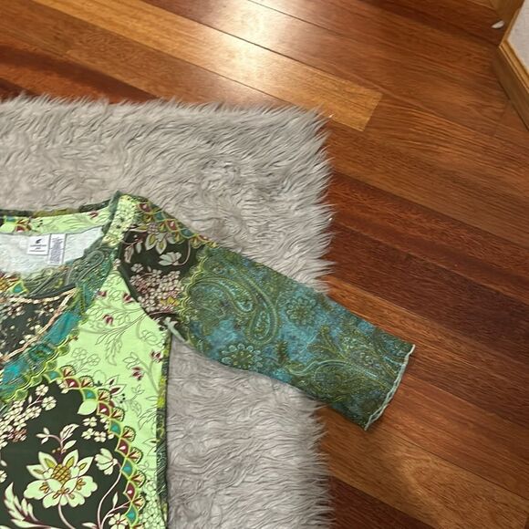 Caribbean Joe women’s green sequin sheer sleeve long‎ sleeve shirt - Picture 2 of 7